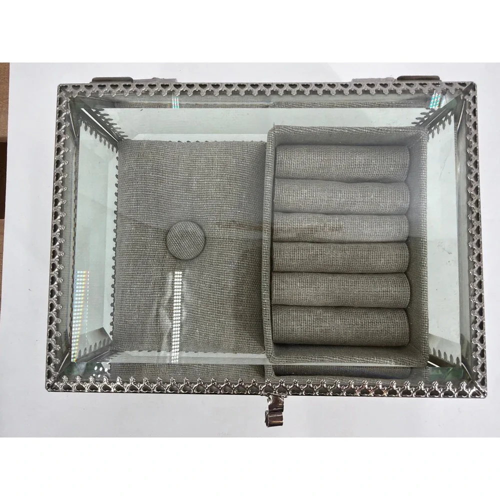 Nicole Miller Home Glass Jewelry Box Silver Filigree Beveled Ring‎ Organizer